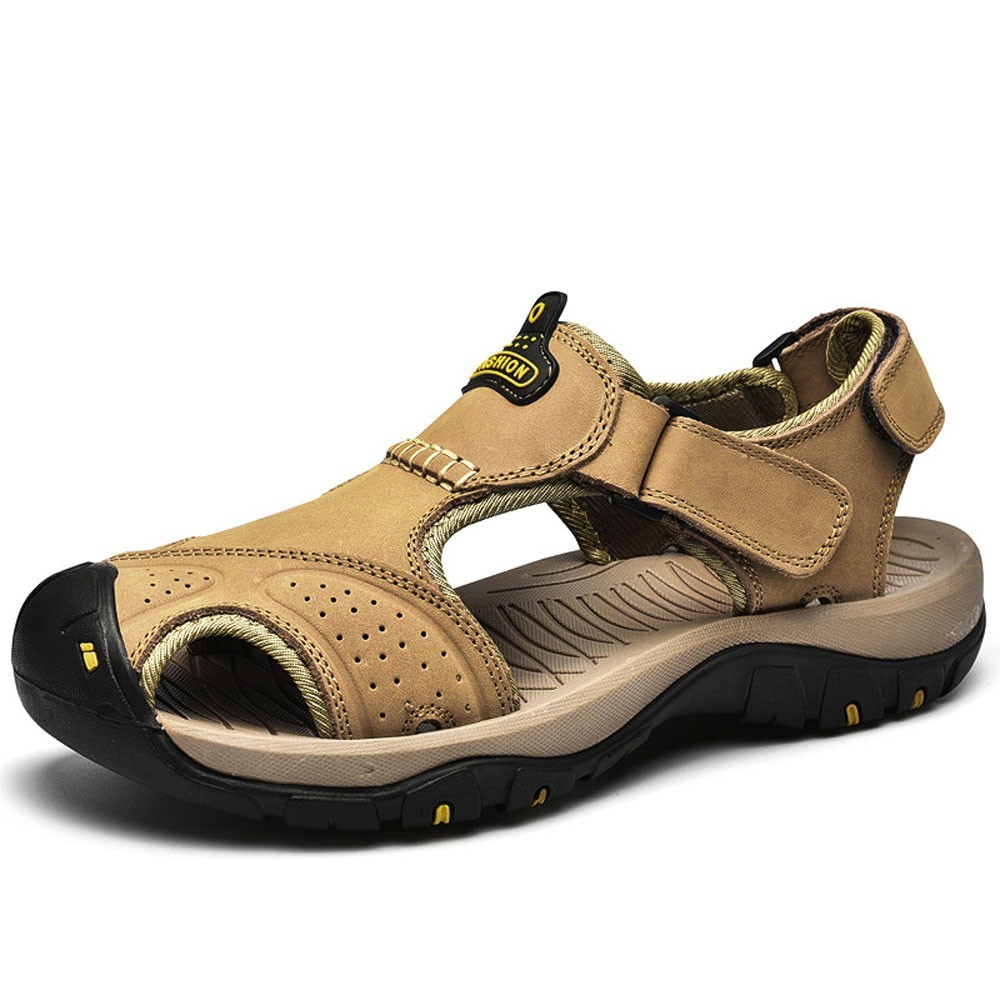 WHOLESALEWIN™ Große geschlossene Zehenpartie aus echtem Leder mit magischem Aufkleber Lässige Outdoor Sandalen für Herren