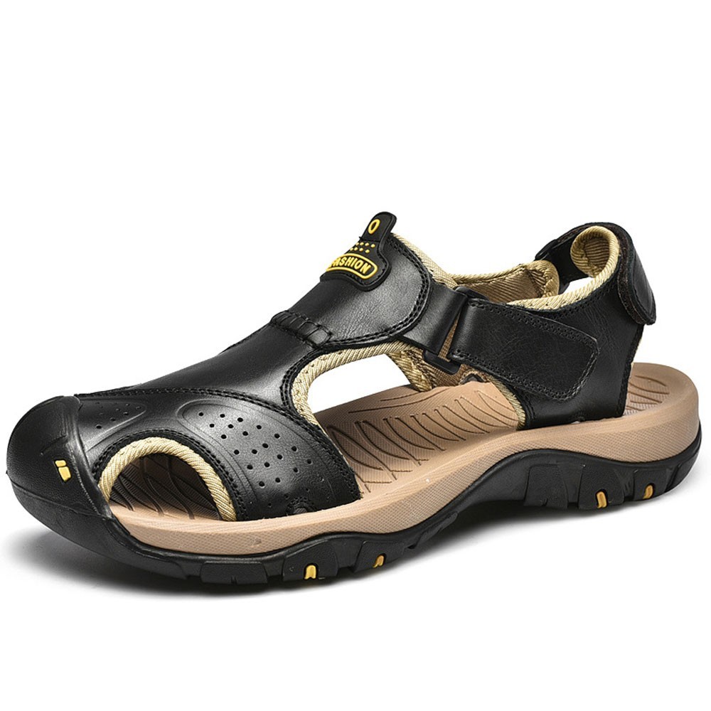 WHOLESALEWIN™ Große geschlossene Zehenpartie aus echtem Leder mit magischem Aufkleber Lässige Outdoor Sandalen für Herren