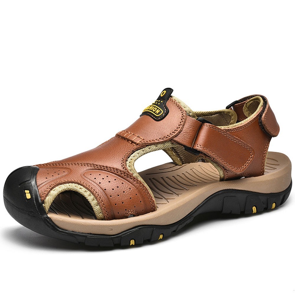 WHOLESALEWIN™ Große geschlossene Zehenpartie aus echtem Leder mit magischem Aufkleber Lässige Outdoor Sandalen für Herren