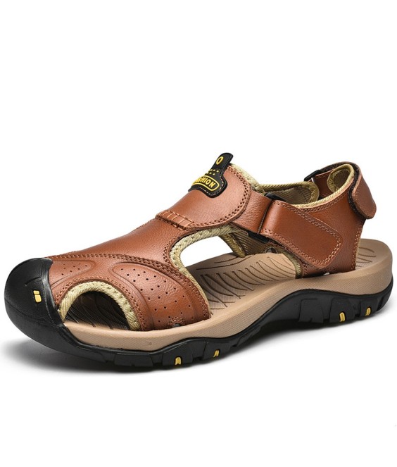 WHOLESALEWIN™ Große geschlossene Zehenpartie aus echtem Leder mit magischem Aufkleber Lässige Outdoor Sandalen für Herren