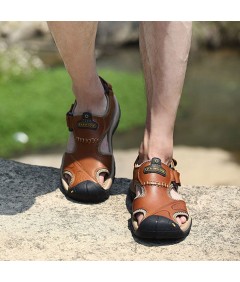 WHOLESALEWIN™ Große geschlossene Zehenpartie aus echtem Leder mit magischem Aufkleber Lässige Outdoor Sandalen für Herren